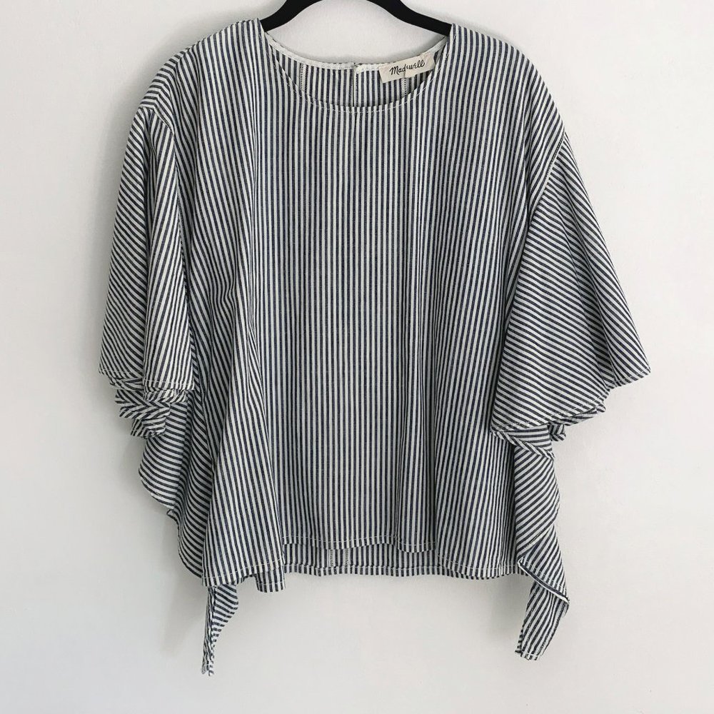 Madewell Indigo Striped Ruffle Sleeve Blouse, Med